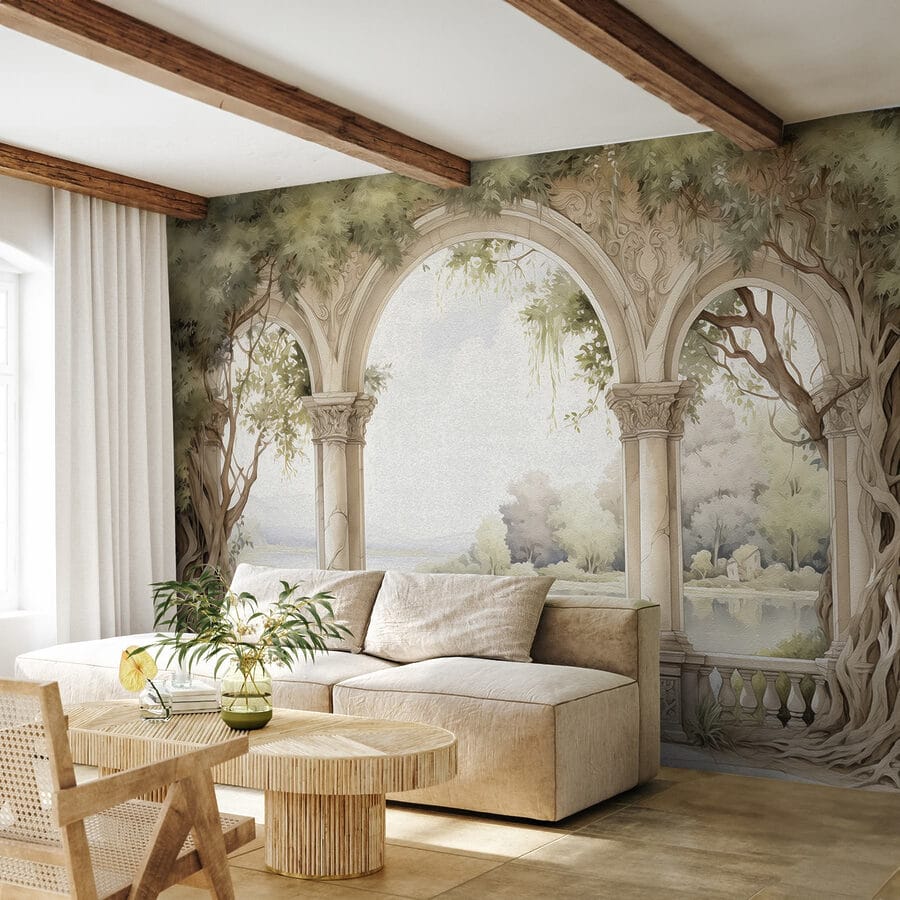 Pintura a aguarela de um arco de pedra com árvores e um lago