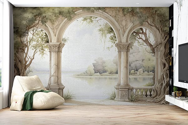 Pintura a aguarela de um arco de pedra com árvores e um lago Pintura a aguarela de um arco de pedra com árvores e um lago