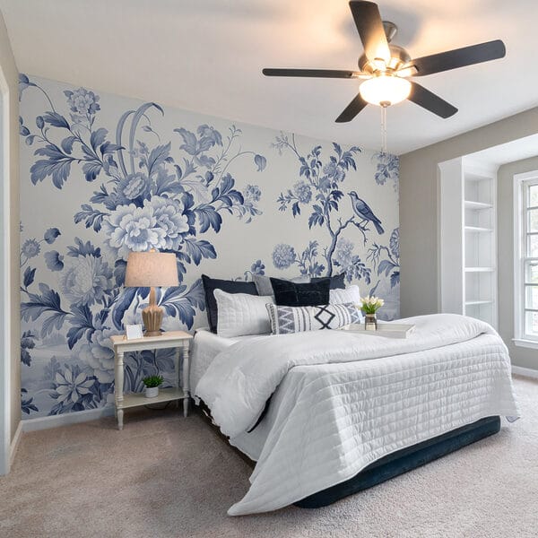 Papel de parede Papel de parede Desenho floral azul e branco (REF: w02977)