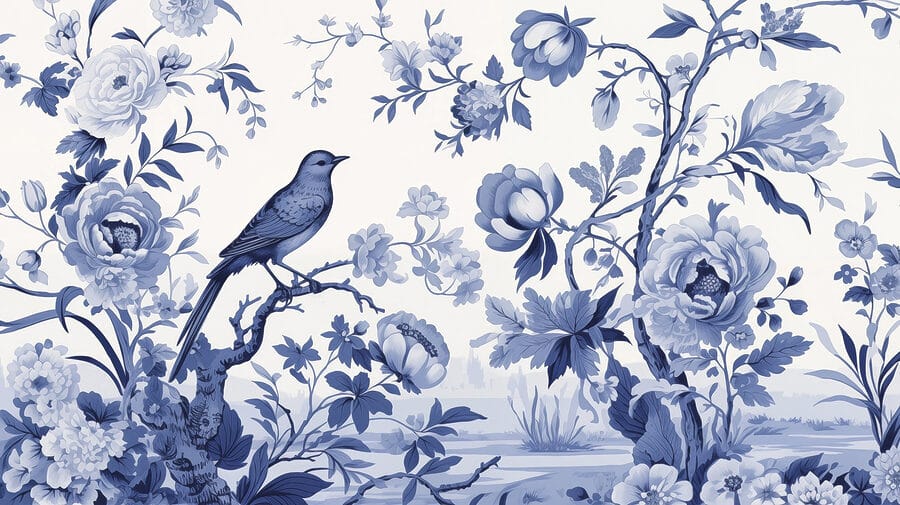 Pássaro num ramo de árvore com flores