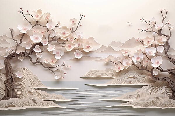 Recorte de papel de uma árvore com flores e água Recorte de papel de uma árvore com flores e água