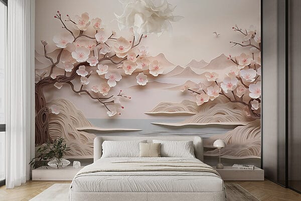 Recorte de papel de uma árvore com flores e água Recorte de papel de uma árvore com flores e água