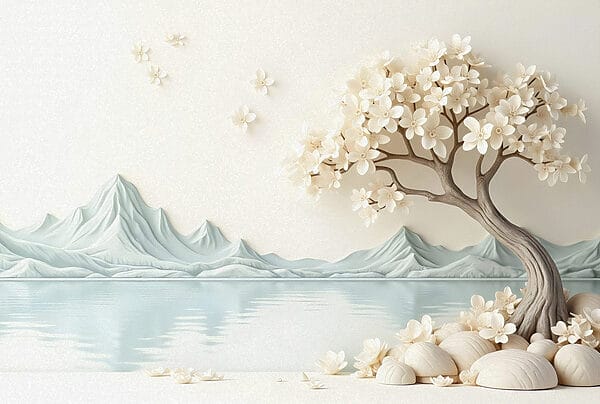 Árvore com flores e pedras junto à água Árvore com flores e pedras junto à água