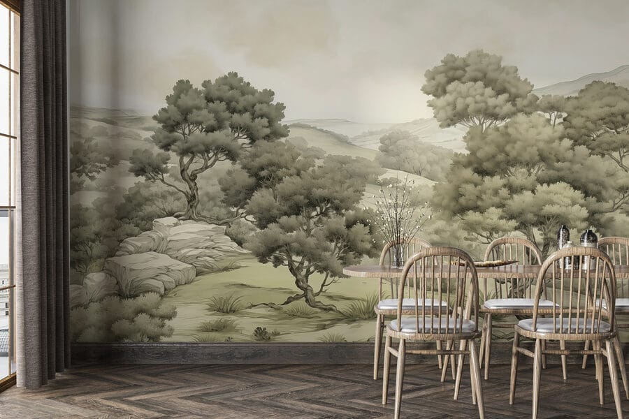 Paisagem com árvores e rochas