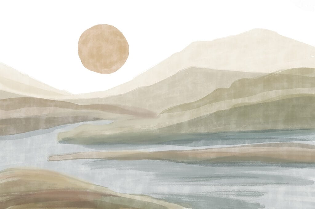 Pintura a aguarela de um rio e montanhas Pintura a aguarela de um rio e montanhas