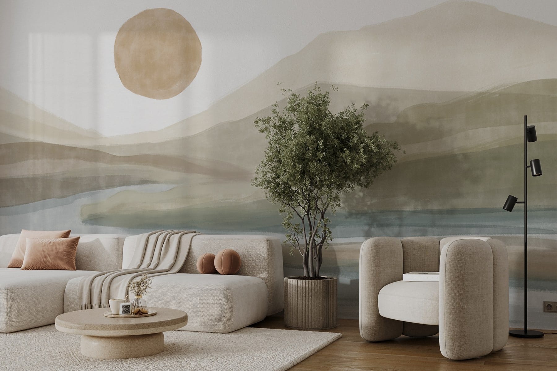 Watercolor painting of a river and mountains