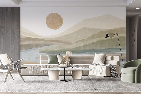 Pintura a aguarela de um rio e montanhas Pintura a aguarela de um rio e montanhas