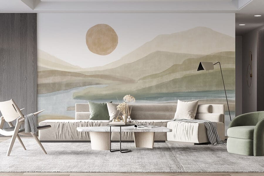 Pintura a aguarela de um rio e montanhas