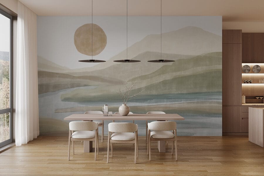 Pintura a aguarela de um rio e montanhas