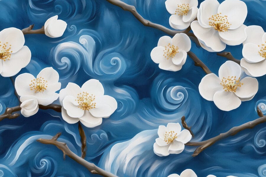 Flores delicadas dançando em ondas azuis Flores delicadas dançando em ondas azuis