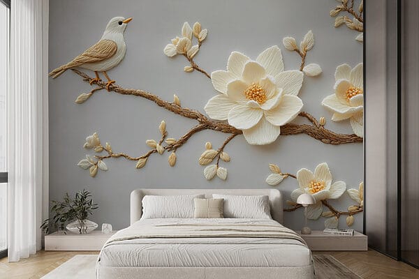 Pássaro num ramo com flores Pássaro num ramo com flores