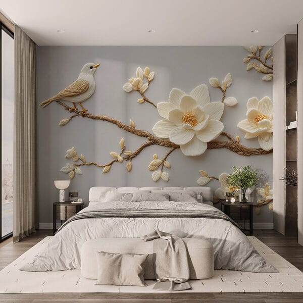 Pássaro num ramo com flores Pássaro num ramo com flores