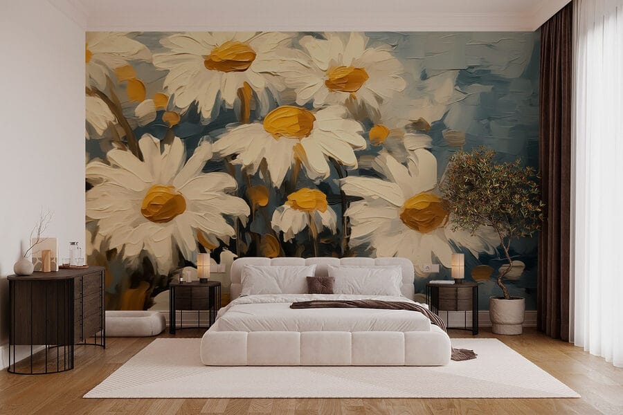 Pintura de flores brancas e amarelas