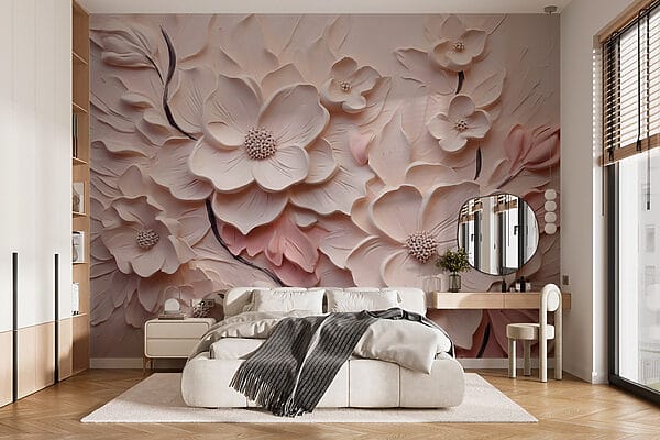 Papel de parede Papel de parede Flores brancas e cor-de-rosa numa superfície branca (REF: w03038)