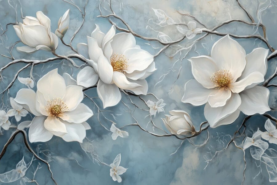 Pintura de flores brancas sobre um fundo azul