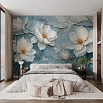 Papel de parede Pintura de flores brancas sobre um fundo azul