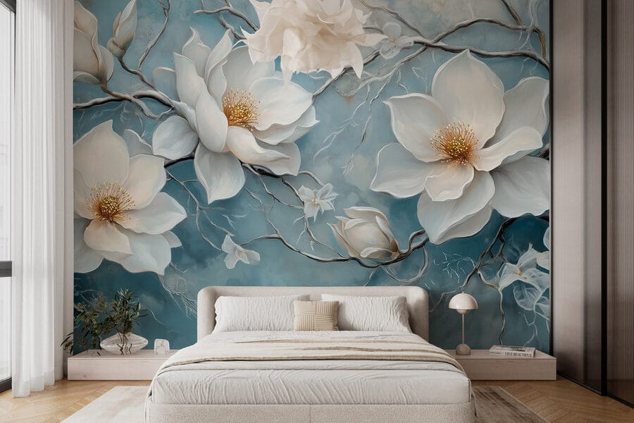 Pintura de flores brancas sobre um fundo azul