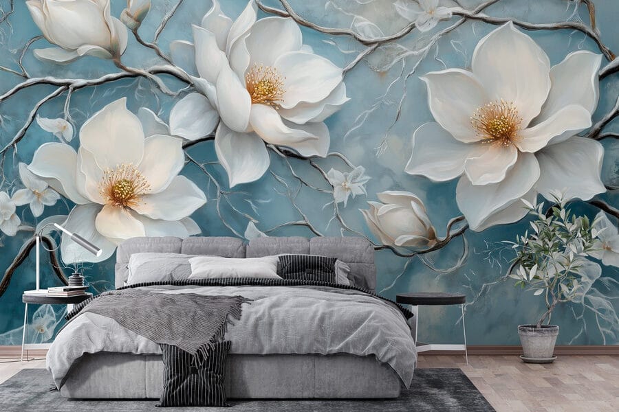 Pintura de flores brancas sobre um fundo azul