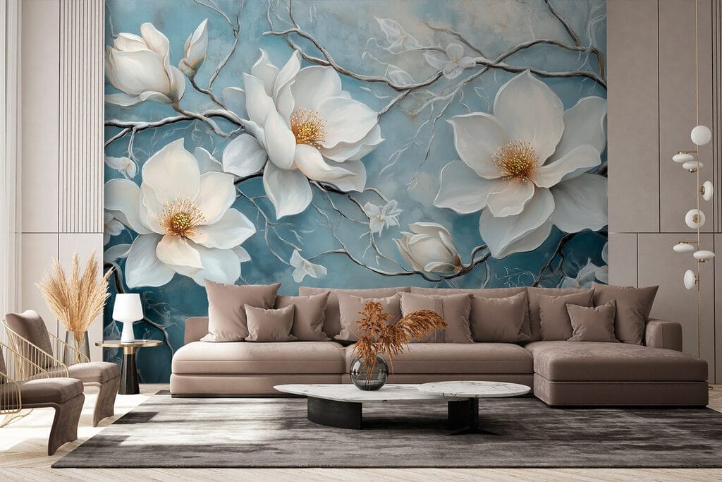 Painting of white flowers on a blue background