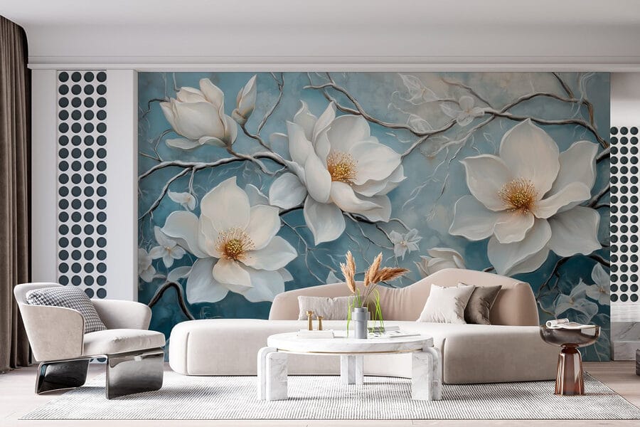 Pintura de flores brancas sobre um fundo azul