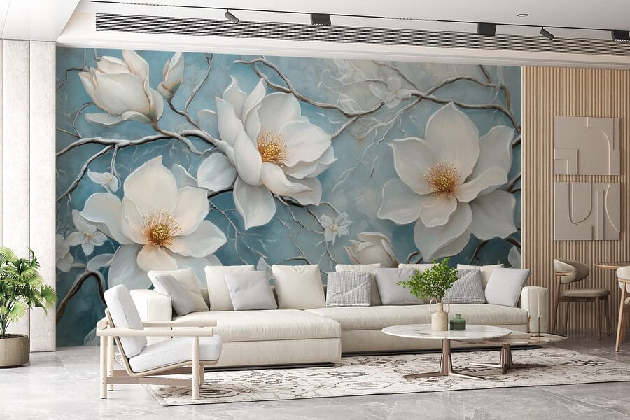 Pintura de flores brancas sobre um fundo azul