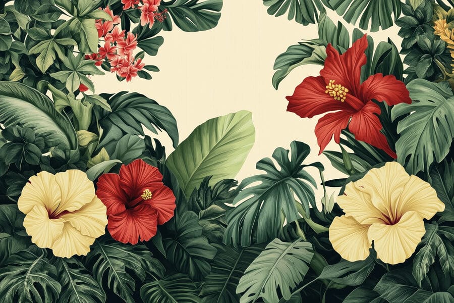 Grupo de flores e folhas