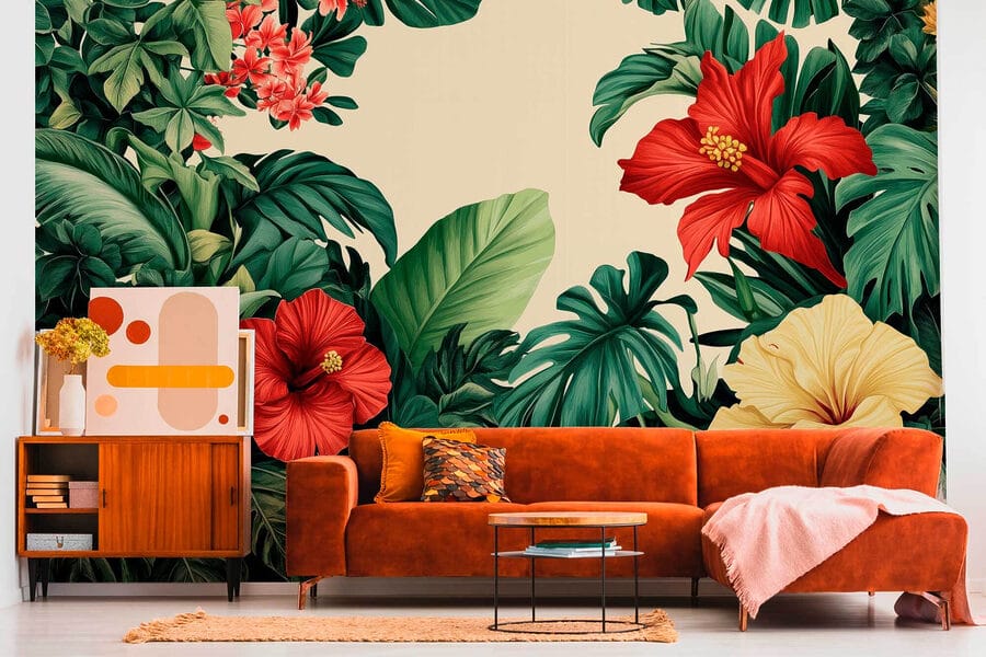 Grupo de flores e folhas