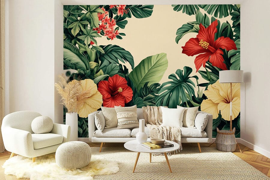 Grupo de flores e folhas