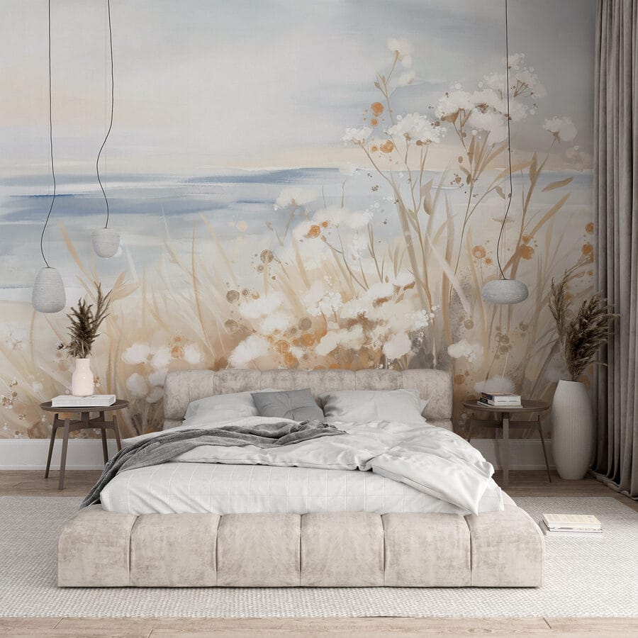 Pintura de flores e relva