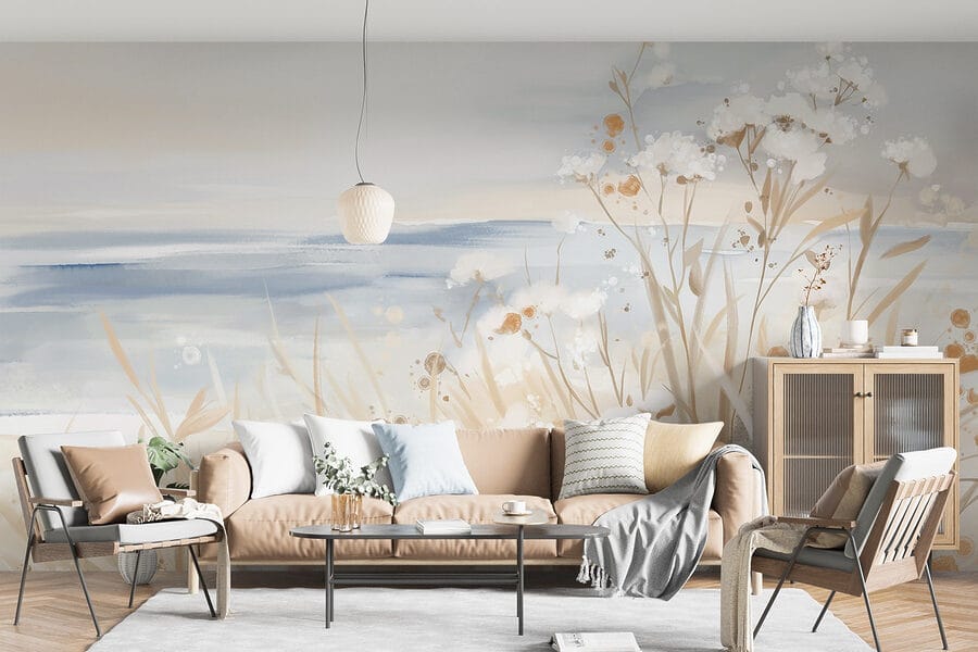 Pintura de flores e relva