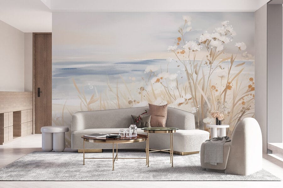 Pintura de flores e relva