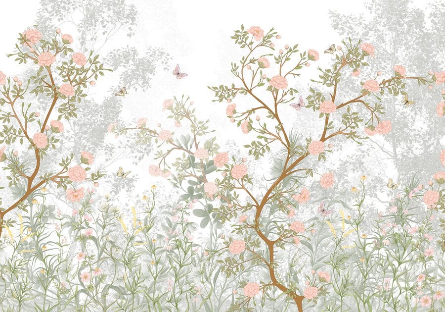 Pintura de uma árvore com flores e borboletas