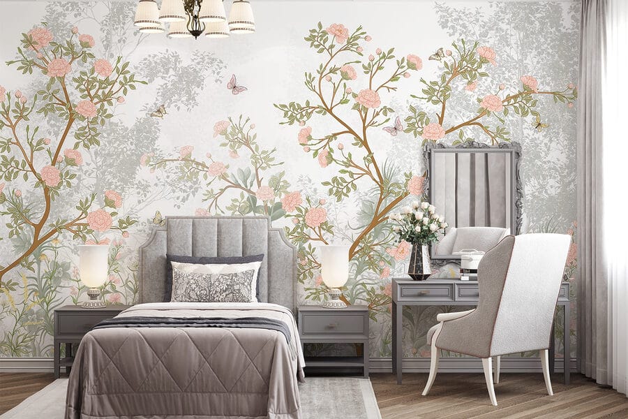 Pintura de uma árvore com flores e borboletas