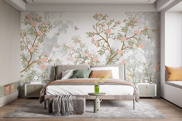Pintura de uma árvore com flores e borboletas Pintura de uma árvore com flores e borboletas