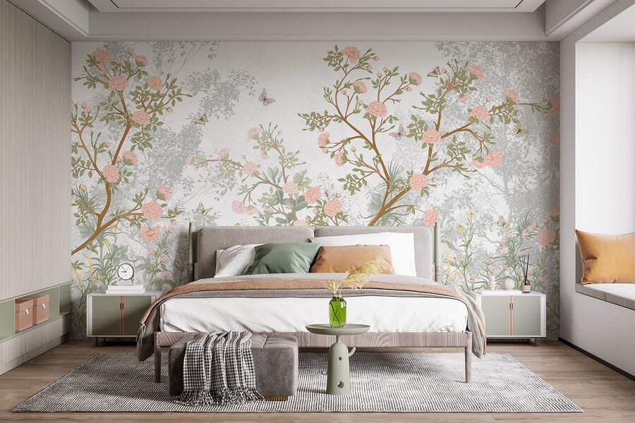 Pintura de uma árvore com flores e borboletas