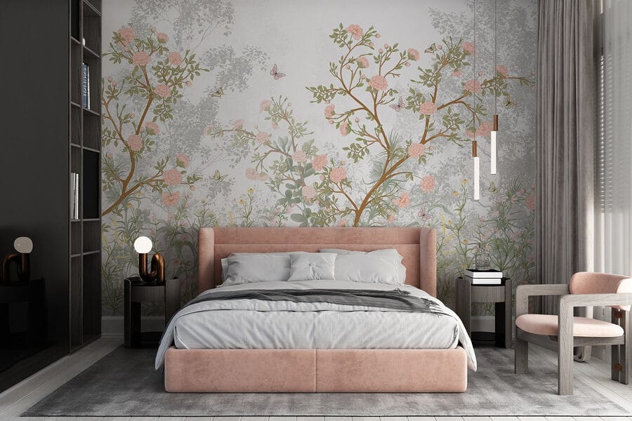 Pintura de uma árvore com flores e borboletas