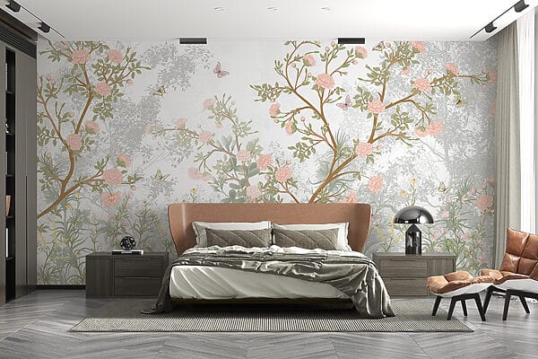 Pintura de uma árvore com flores e borboletas Pintura de uma árvore com flores e borboletas