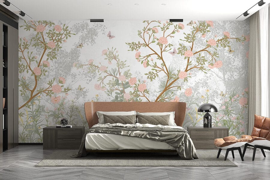 Pintura de uma árvore com flores e borboletas