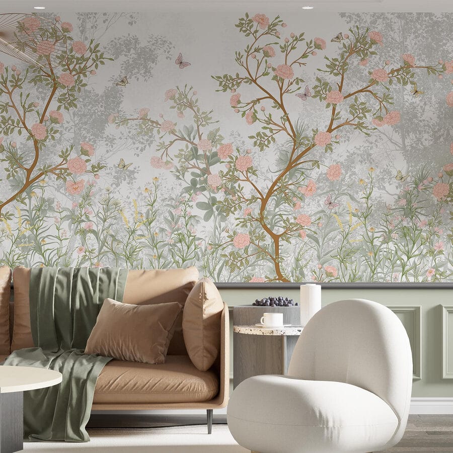 Pintura de uma árvore com flores e borboletas