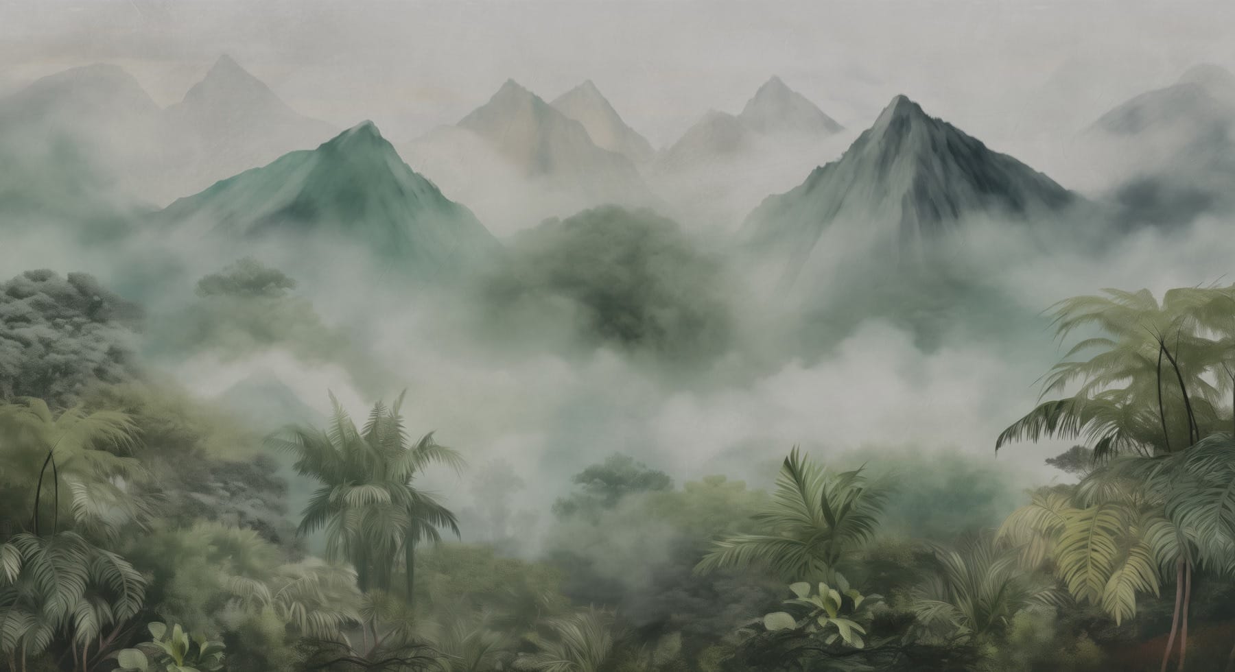 Foggy landscape with mountains and trees Foggy landscape with mountains and trees