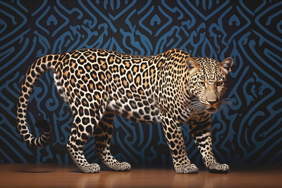 Leopardo de pé num chão de madeira