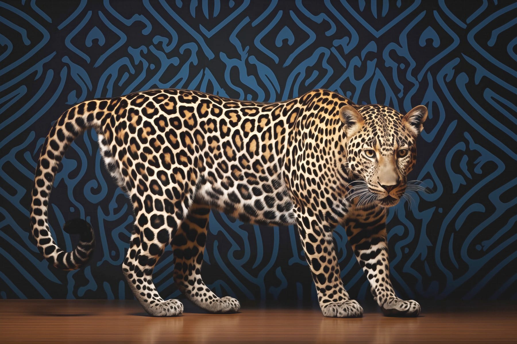 Leopard standing on a wood floor Leopard standing on a wood floor