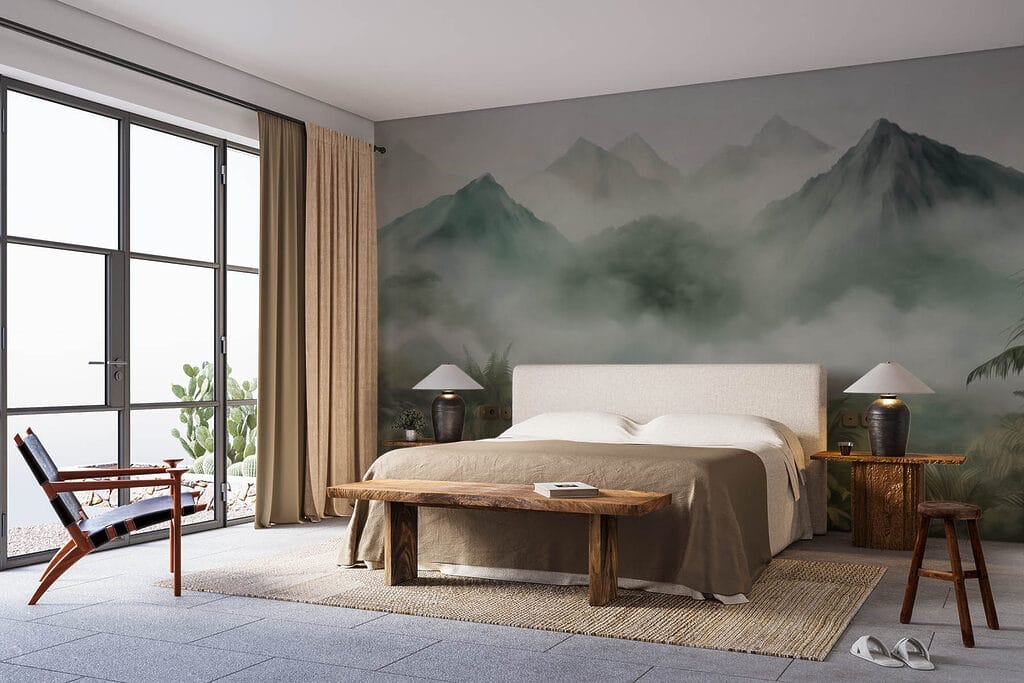 Foggy landscape with mountains and trees Foggy landscape with mountains and trees