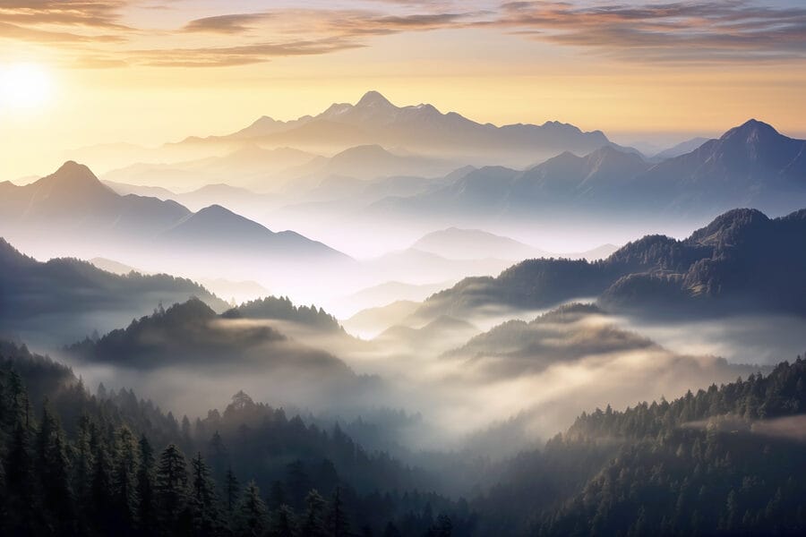 Paisagem de montanhas com nevoeiro e árvores
