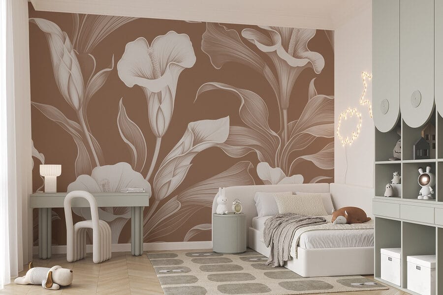 Desenho floral delicado sobre fundo castanho