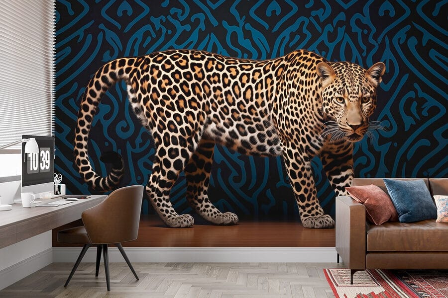 Leopardo de pé num chão de madeira