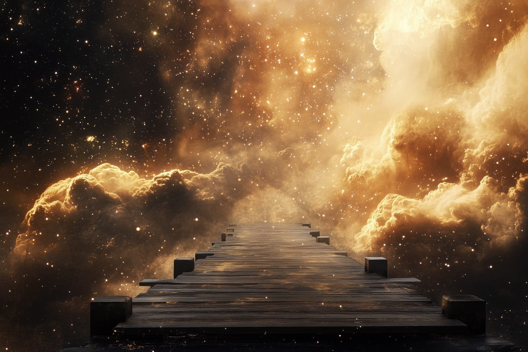 Wooden bridge leading to clouds