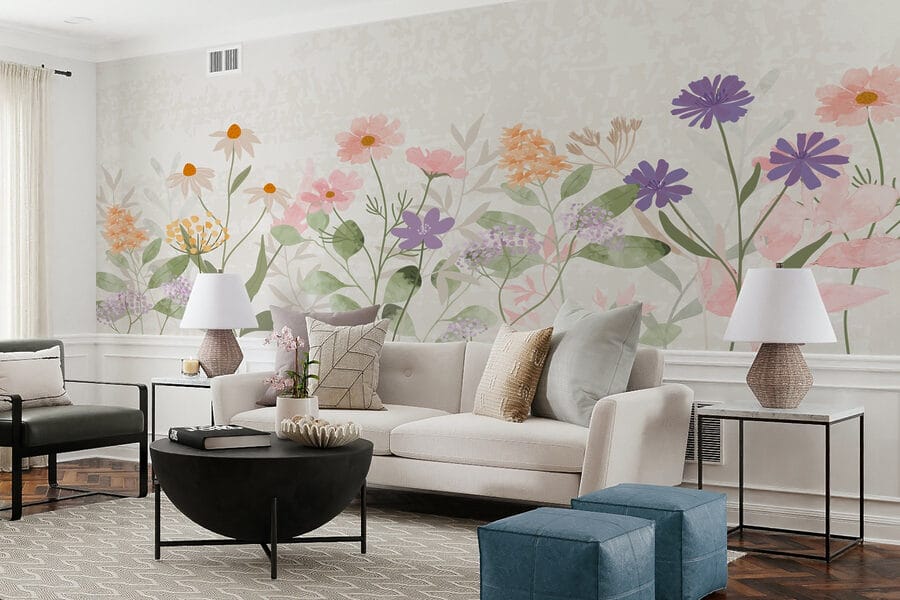 Fileira de flores com folhas