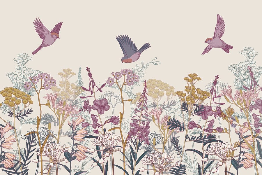 Pássaros a voar sobre flores