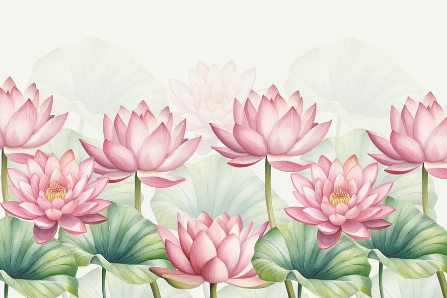 Papel de parede Grupo de flores cor-de-rosa com folhas verdes - Image 4